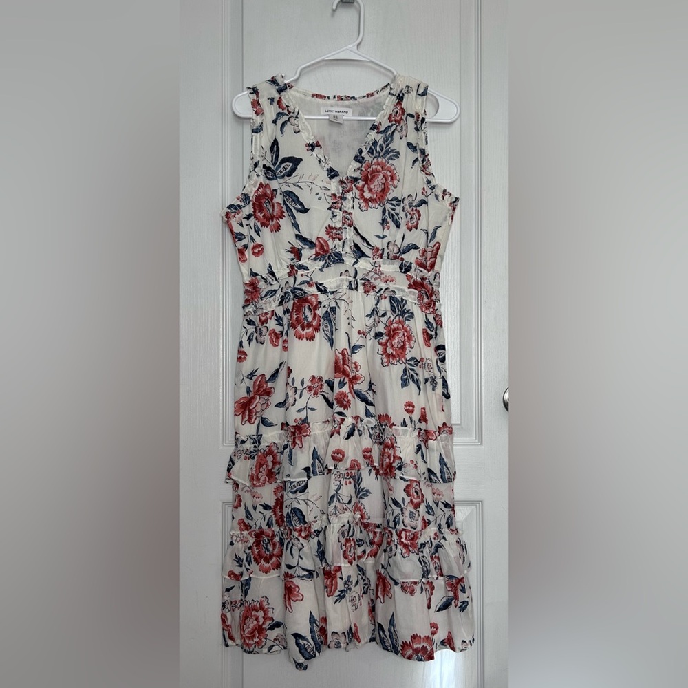 LUCKY Brand Dress Size 10 Floral Tiered Midi Dress Sleeveless V Neck Ruffles